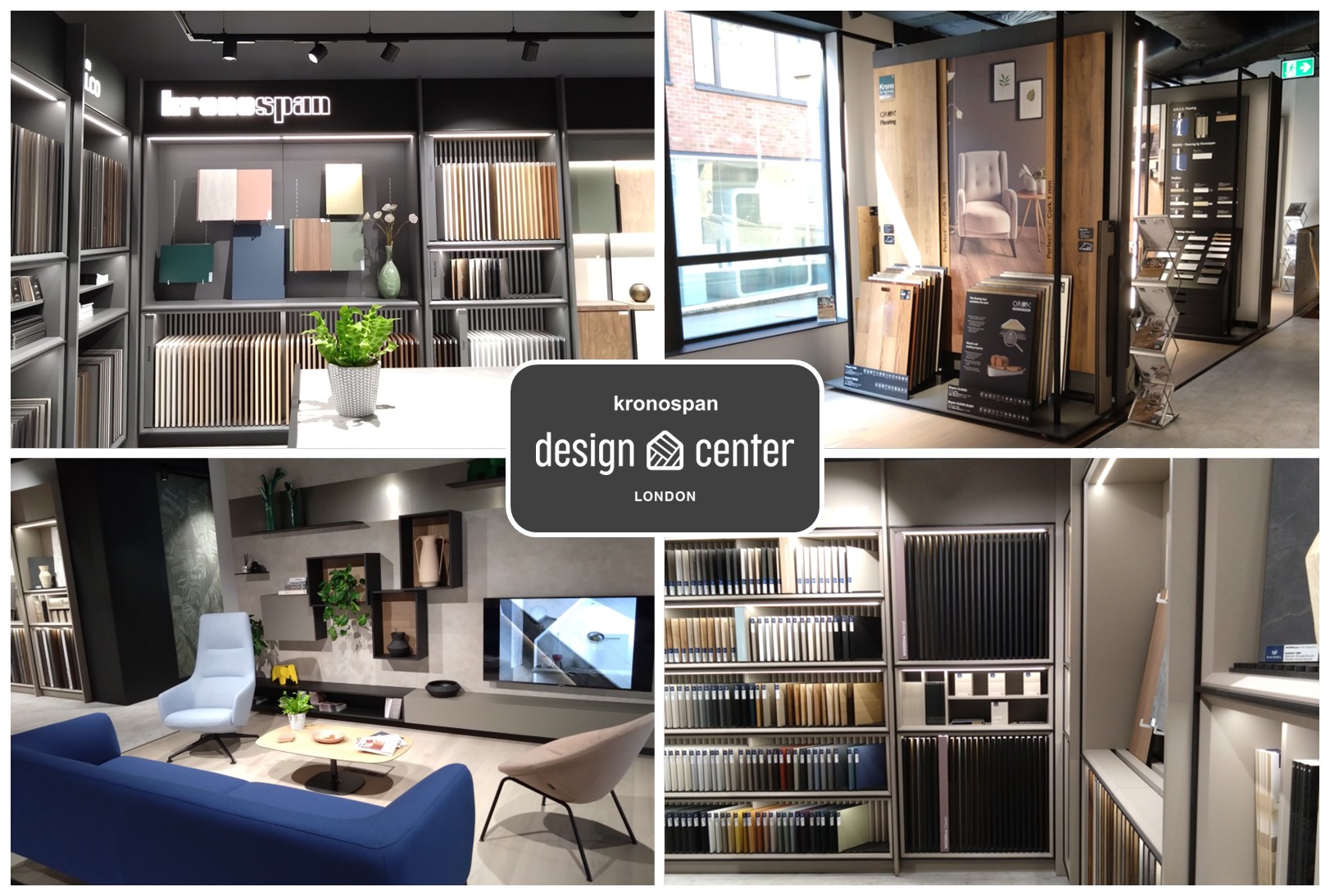 A collage of images showing the showroom area at Kronospan Design Centre in London.